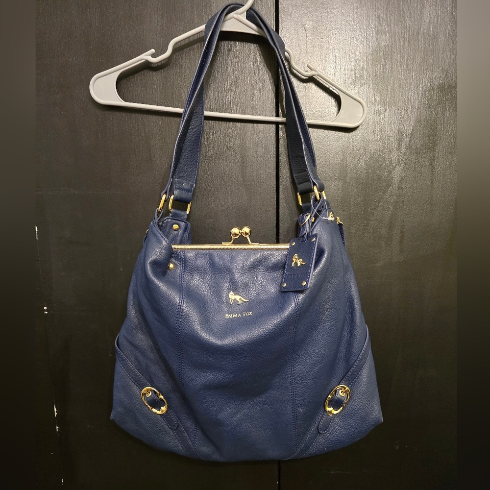 Emma Fox Navy Kiss Lock Shoulder Bag with Gold Accents